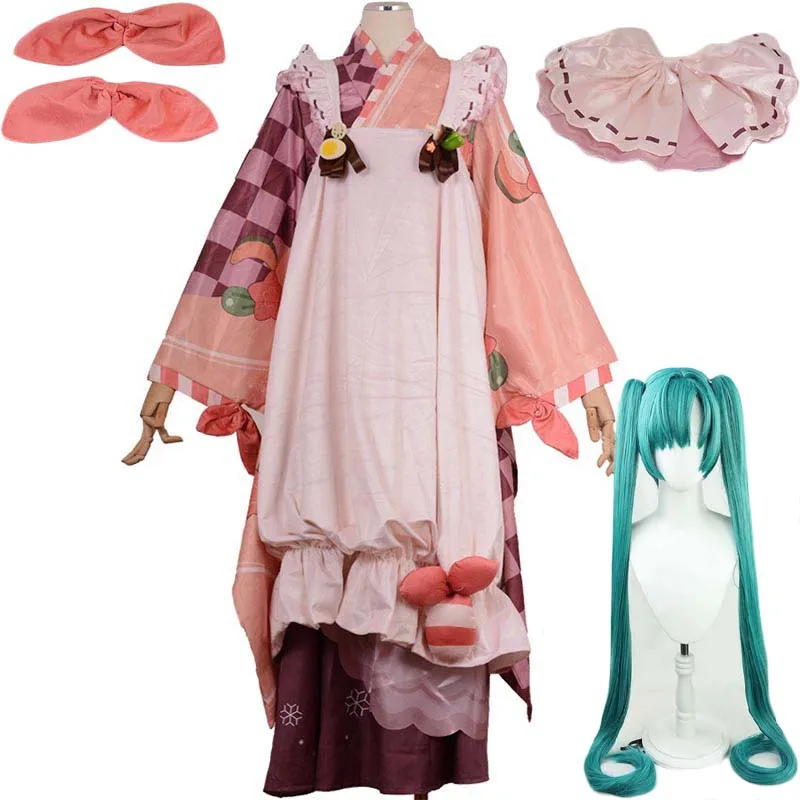 2024 Essen Miku Cosplay Kostüm Perücken Lolita niedlichen Kleid Hut Kopf bedeckung Perücke Anime Essen Miku Kimono Outfits Mikuu Kleid