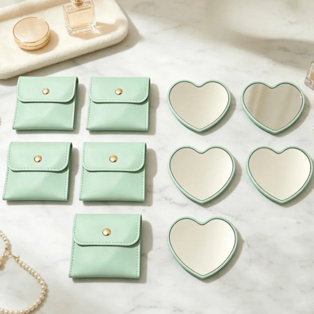 5-30 Sets Cute Green Heart‑Shaped Pocket Cosmetic Mirror Kit with  PU Bags Portable Travel Wedding Holiday Souvenir Gifts
