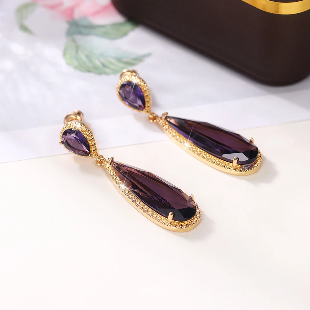 Huitan Gold Color Green/Purple Water Drop Cubic Zirconia Women Hanging Earrings Fashion Contracted Design Luxury Female Jewelry image 4
