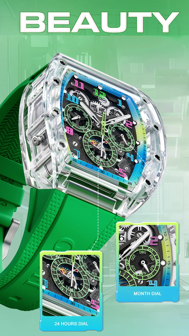 BONEST GATTI Orologio automatico da uomo di lusso 45mm Cassa tonneau Orologio da polso meccanico Luminoso cinturino in gomma fluorurata Mese Wee Date
