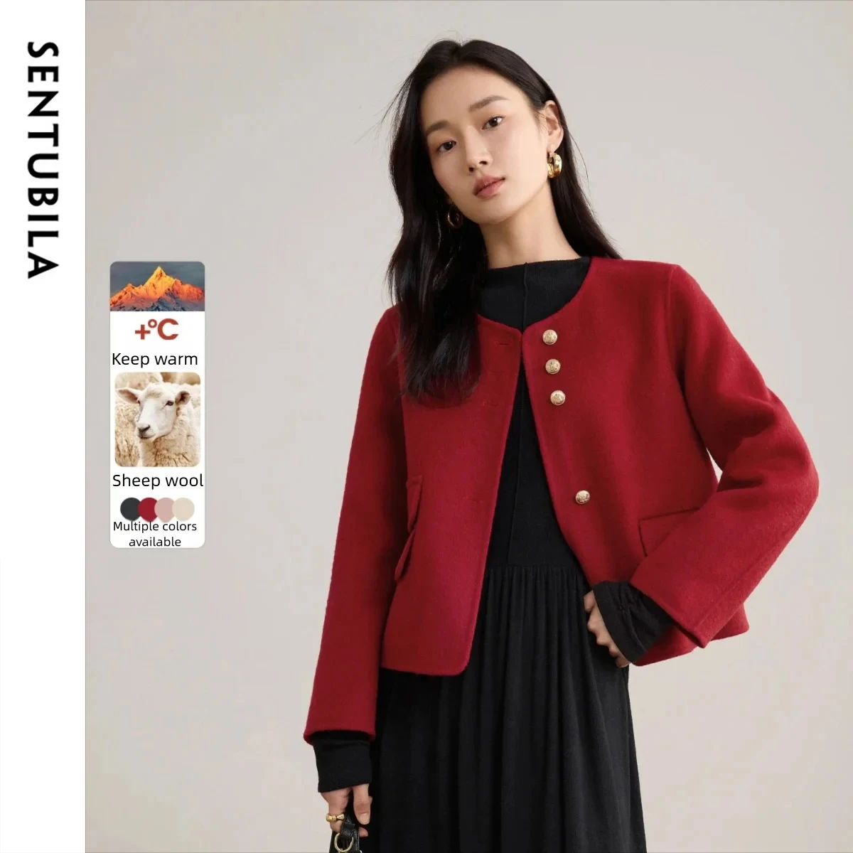 

SENTUBILA Women's Double Faced Wool Blend Coat 2025 Winter Short O-Neck Metal Buckles Functional Pockets Warm Coat W54OF8771