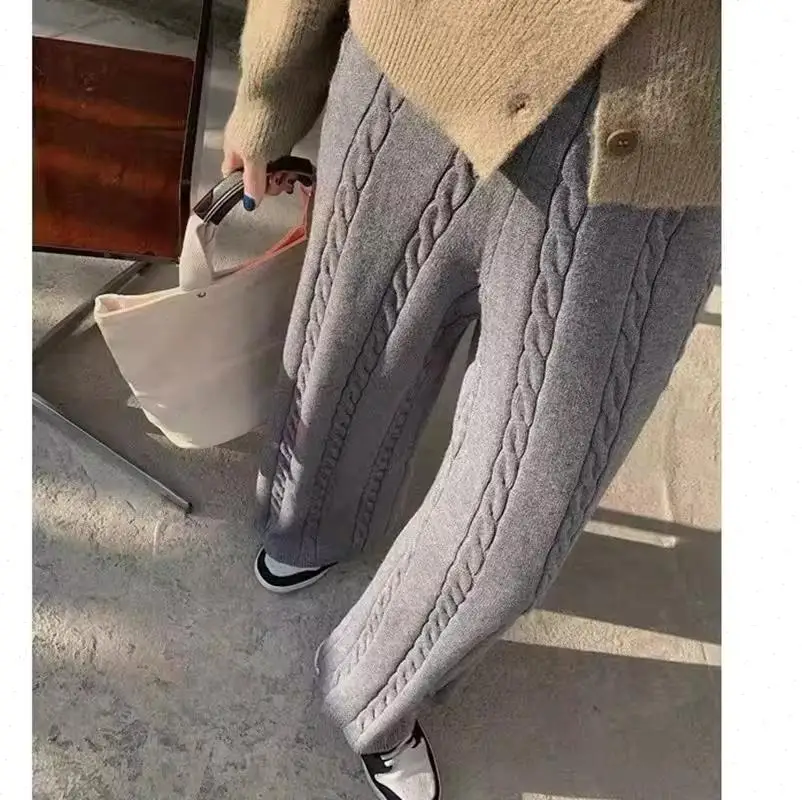 Women Knit Pants Solid Warm Straight Ankle Length Trousers Casual Spliced Elastic Waist Long Pant Ladies Thick Autumn Winter