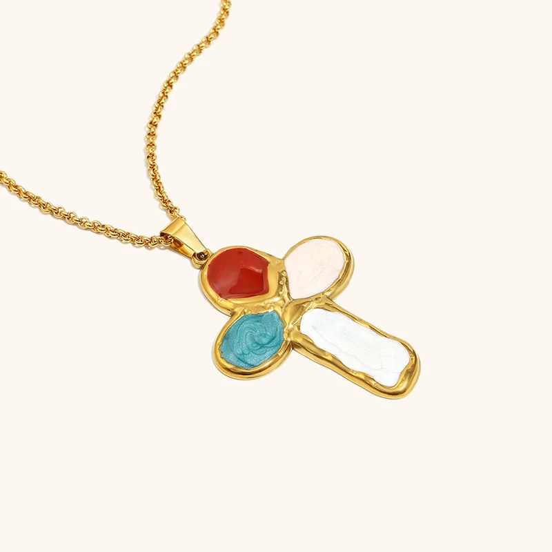 Edelstahl-Tauchglasur-Kreuzanhänger-Halskette, personalisiert, trendig, Emaille, weiß, farbenfroh, allergiebeständig, Schmuck, neu – Detail 8