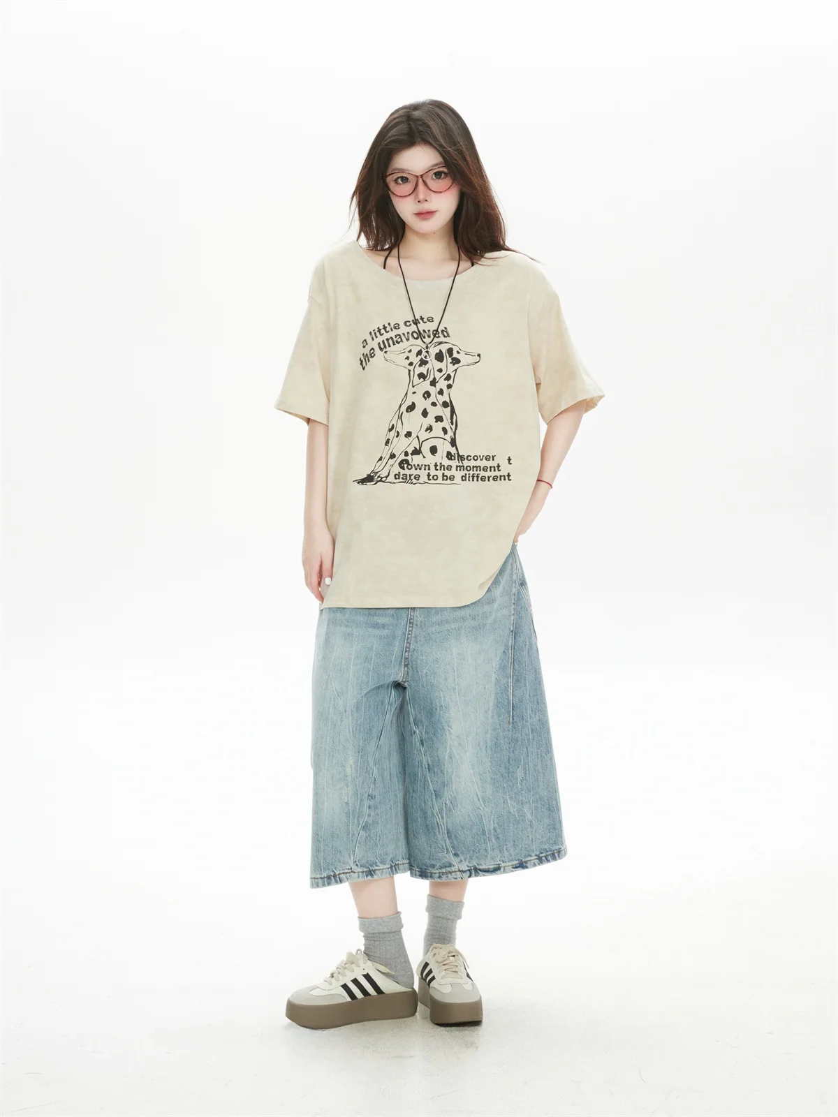 Summer Loose Women's T-shirt Short Sleeve Print Fun Spot Dog Large Collarbone Exposure American Design Trendy round Neck Top