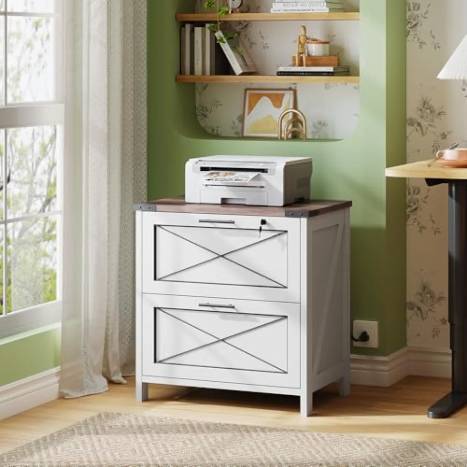 Wood Lateral File Cabinet, 2 Drawer Filing Cabinet, White | Lock & Charging Station, Farmhouse Wooden Printer Stand