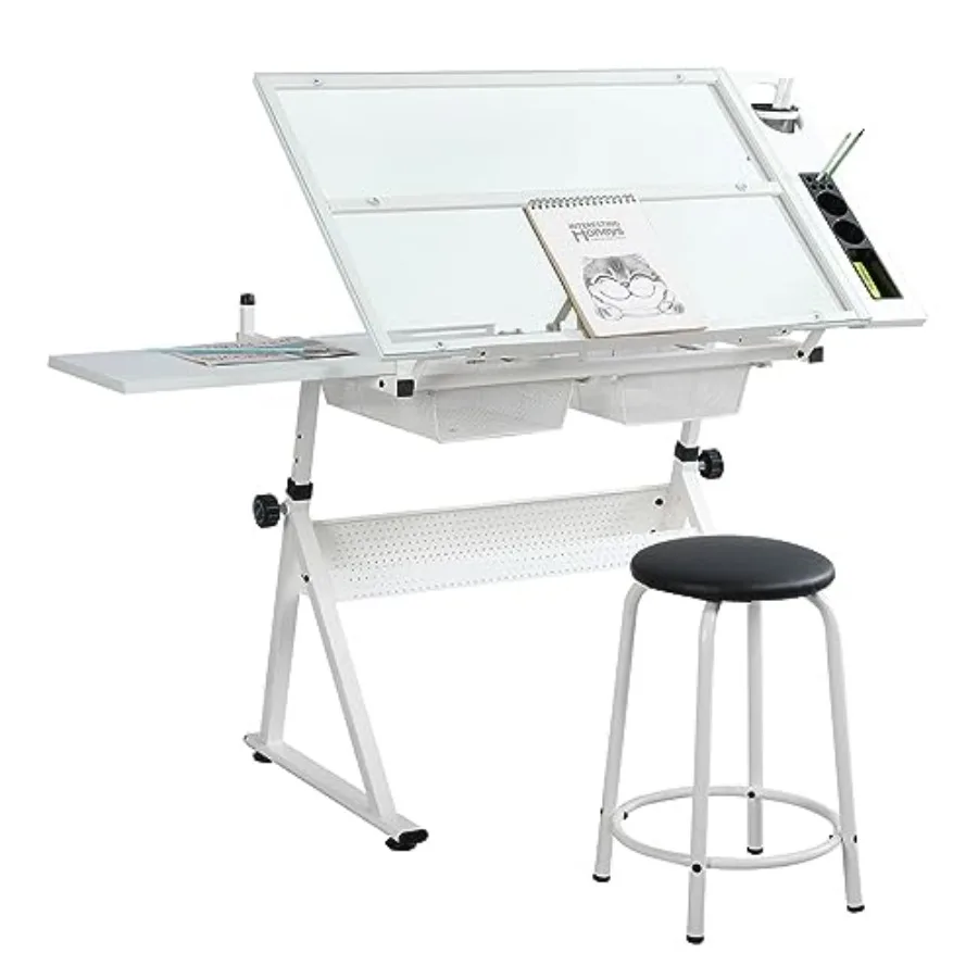 Drafting Table with Stool Modern Adjustable Tempered Glass Printing Artwork Desk for Art Studio Home Office School