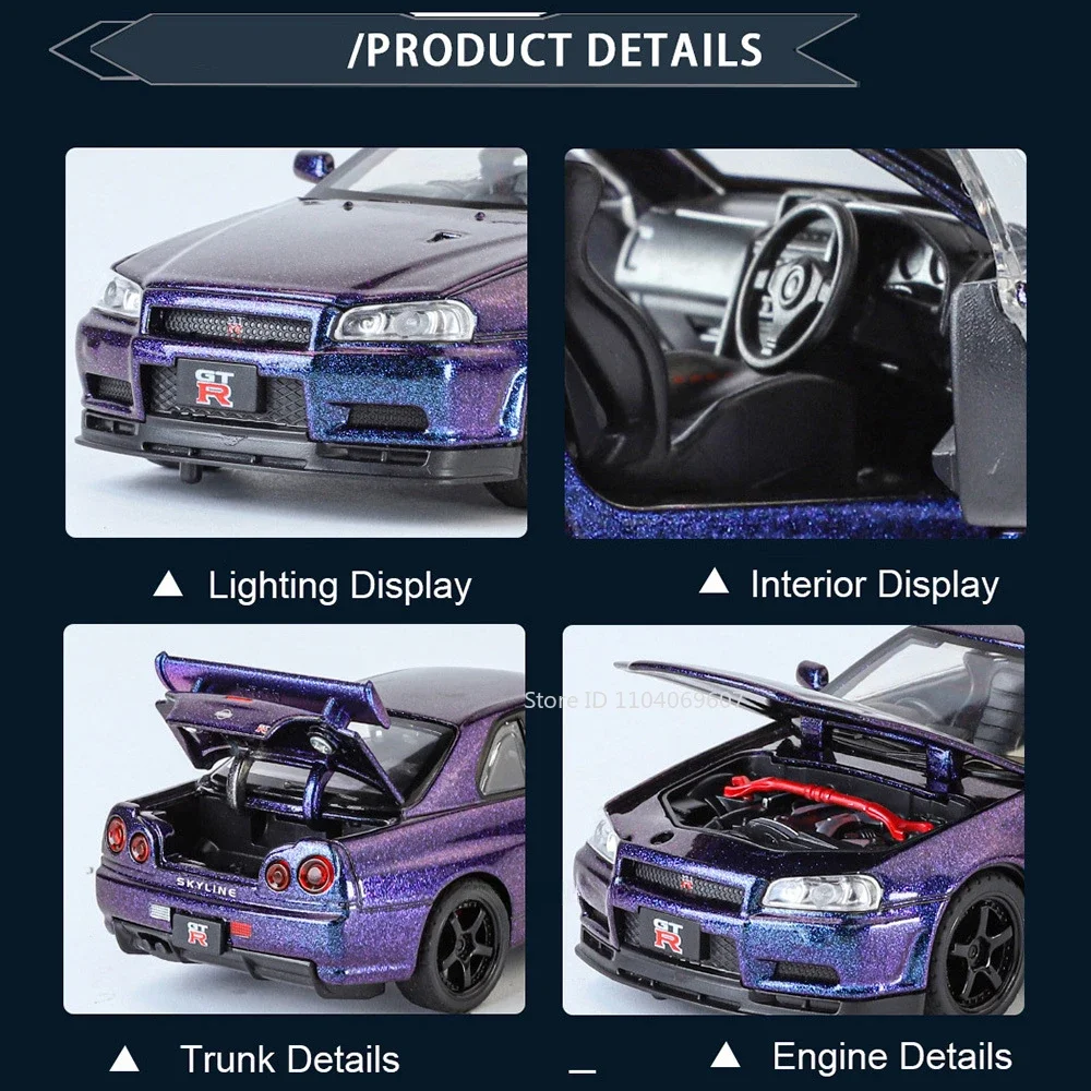 Maßstab 1:32 SKYLINE GTR R34 Sportwagenmodell Spielzeug Metalldruckguss Zurückziehen Supercar-Modelle Sound Licht Ornamente Kinder Erwachsene Geschenke – Detail 11