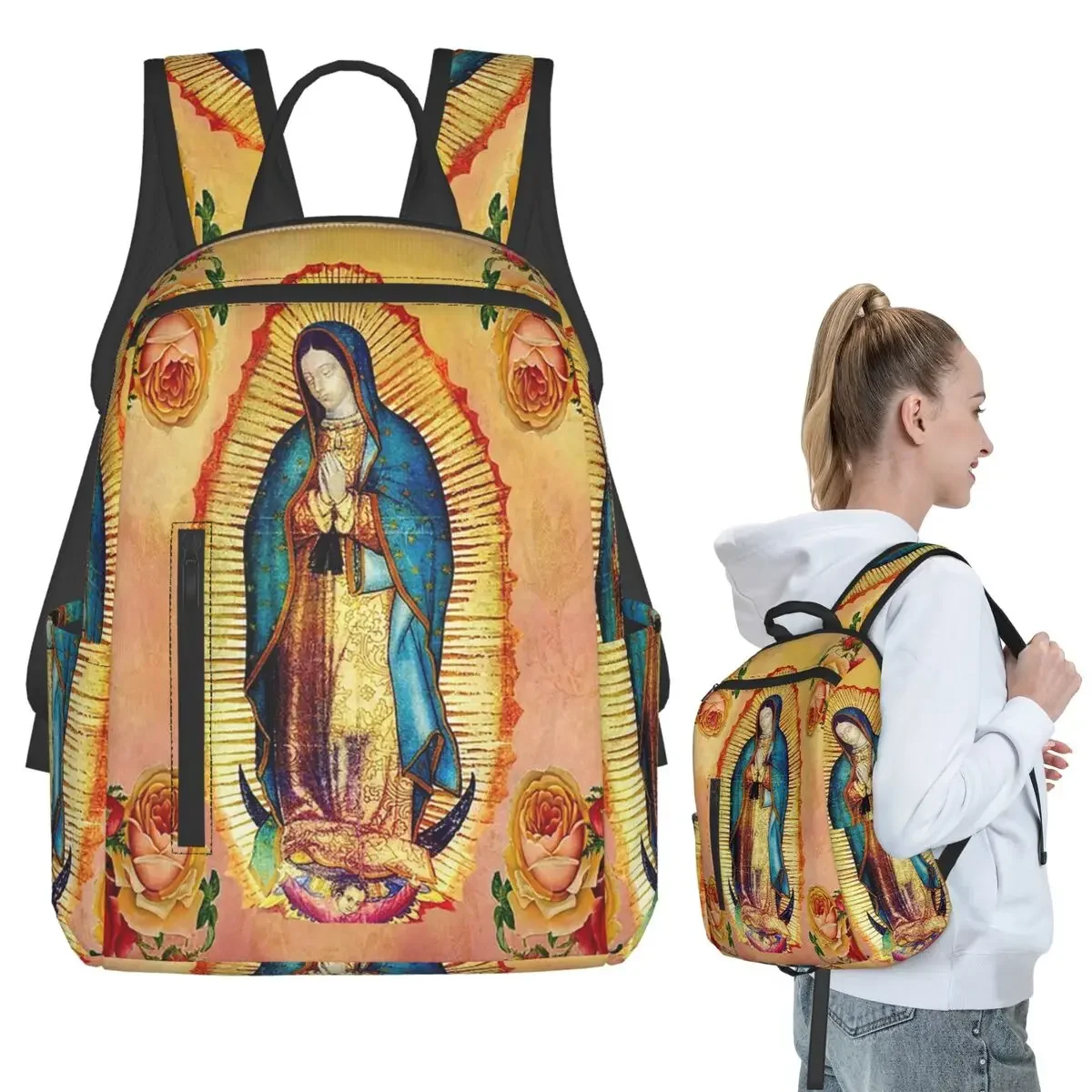 Our Lady Of Guadalupe Virgin Mary And Roses Backpack Student BookBag Children School Bag Computer Shoulder Bags Men Women
