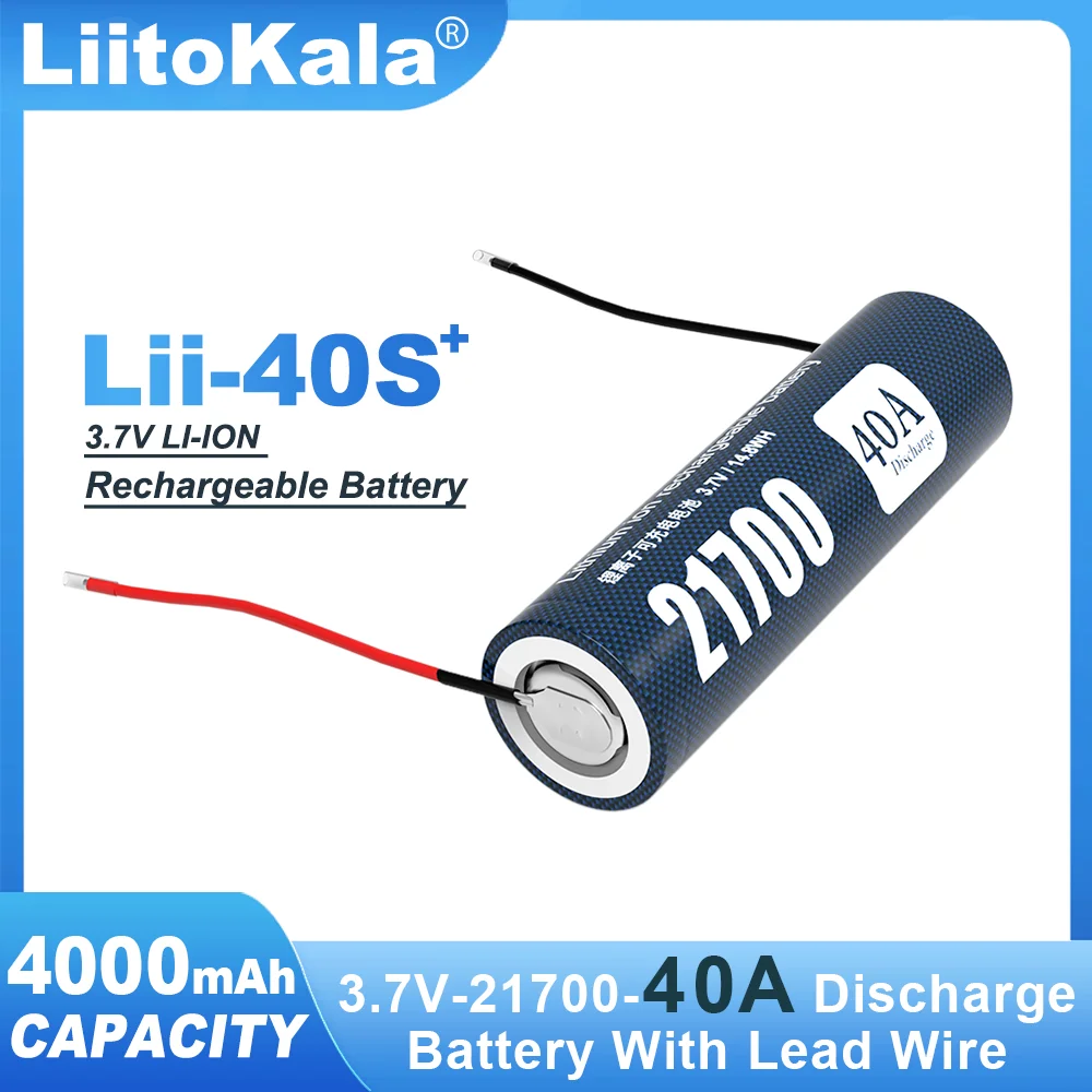 LiitoKala 3.7V Lii-40S 21700 Battery Li-ion 4000mA 40A Discharge Batteries 4.2v high drain devices Flat head+DIY Linie