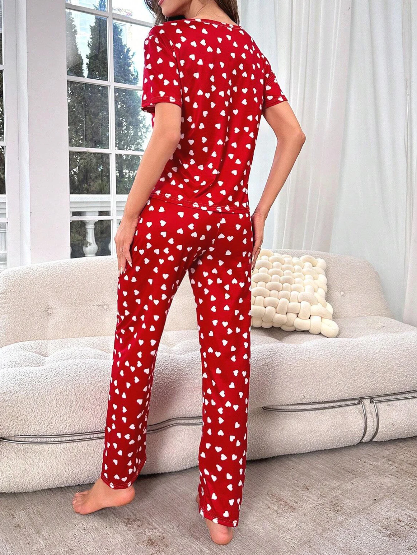 Women Pajamas Set Summer Allover Heart Prints Short Sleeve V Neck Top Elastic Pants Women\'s Sleepwear Loungewear