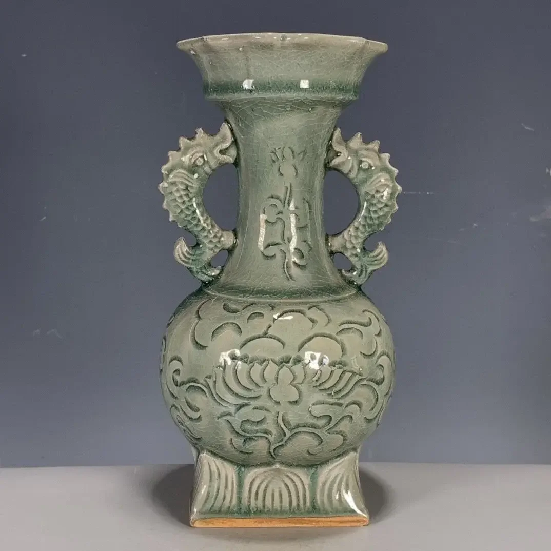 Chinese Porcelain Antique Song Dynasty Soil Stain Crackle Four Seas Peace Fish Turn Into Dragon Ear Vase Ornaments