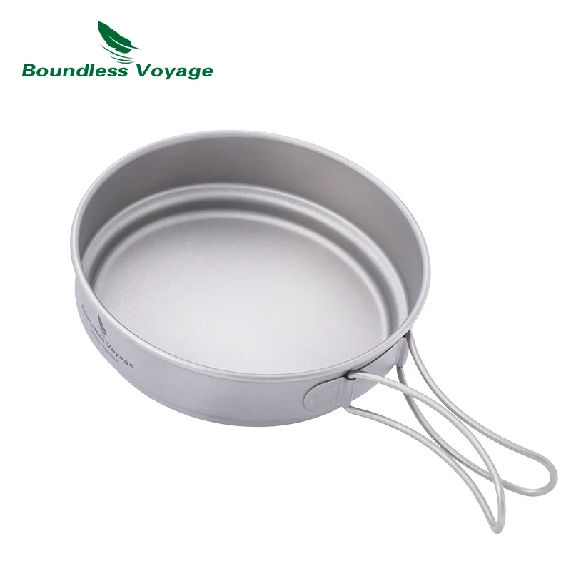 Boundless Voyage Titanium Pot Pan Set Camping Cookware Outdoor Bowl Cup Frying Pan with Folding Handle Travel Mess Kit for 1 Man