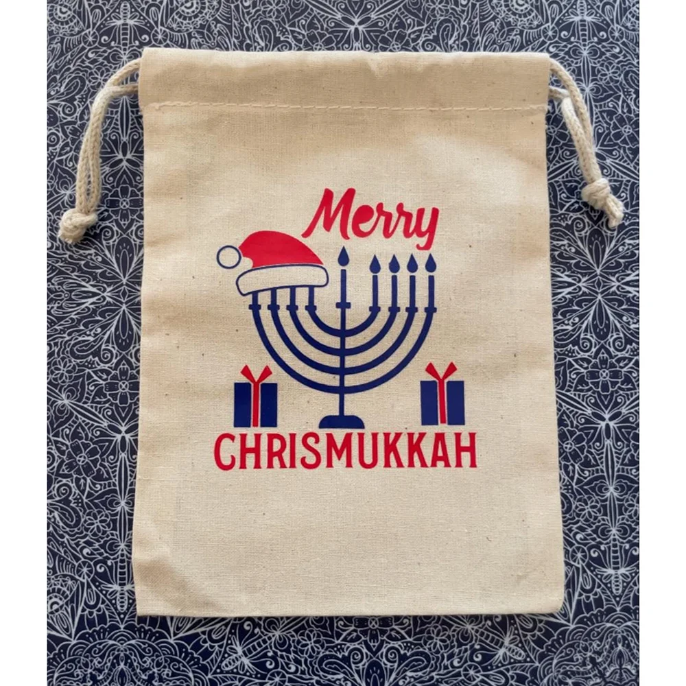 

5Pcs Merry CHRISMUKKAH Canvas Drawstring Bags Winter Holiday Reusable Gift Bags Celebrating The Christmas and Hanukkah Together
