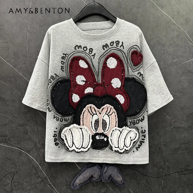 

2025 Autumn Sweet Design Tees New Cartoon Patch Embroidery Short Sleeved Tshirt Ladies Loose Casual Cute Style Y2k Top T-Shirts