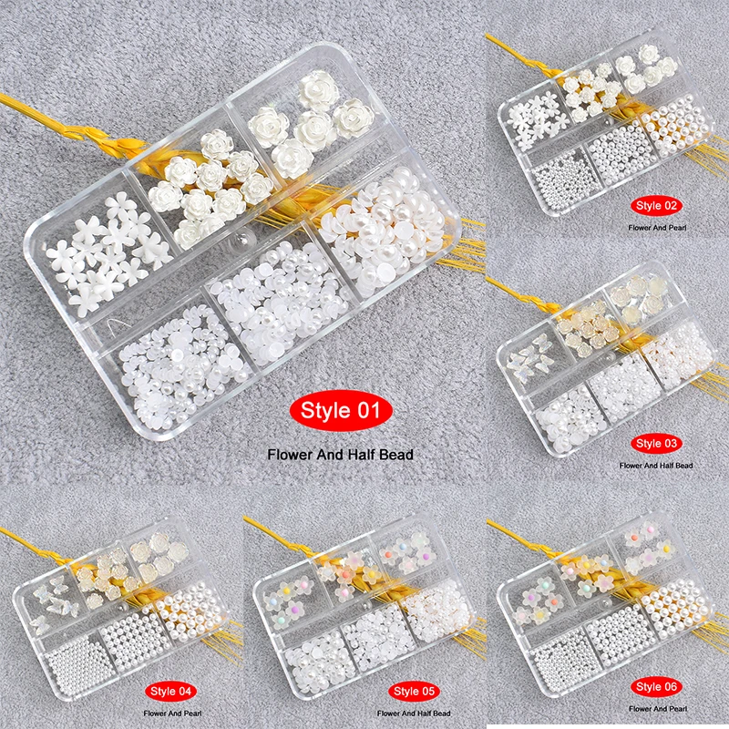 6 Palace Grid Box accessori per Nail Art in resina Set di miscelazione di fiori rosa perla bianca unghia 3D decorazione fai da te