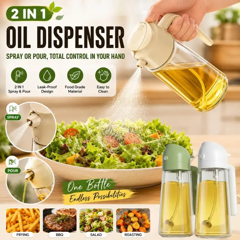 470ml Glass Spray Bottle 2 In 1 Integrated Spray & Pour Oil Pot Large Capacity Dual Dispenser Leakproof Cooking Kitchen Storage