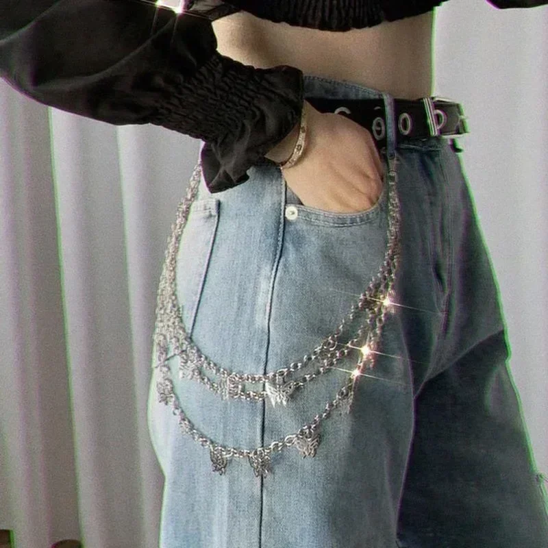 Cool Ins Girls Punk Street Butterfly Belt Waist Chain Women Trousers Multi-layer Hip Hop Crochet Pants Trousers Accessories