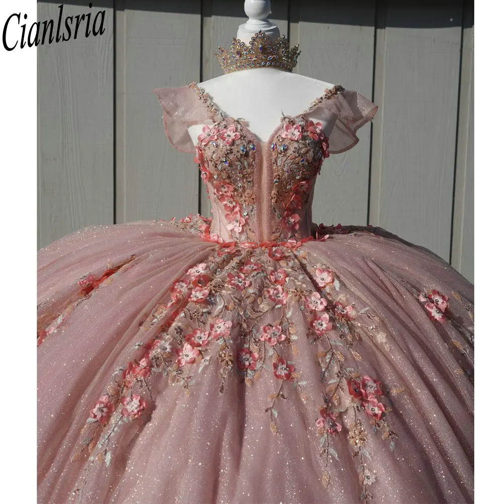 Vestido De quinceañera con cuentas De cristal De ilusión rosa, vestido De baile sin hombros, apliques De flores 3D, dulce, 15 Años