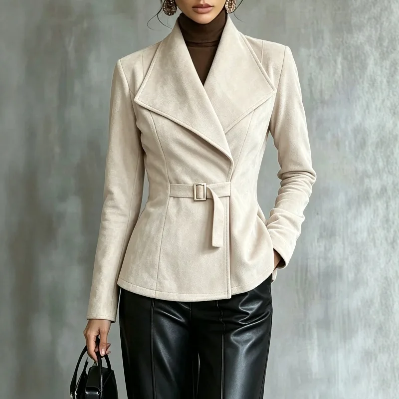 2026 New Women's Suede Fabric Design Lapel Waist Strap Bohemian Fashion Long Sleeve Casual Clip Temperament Commuting Jacket