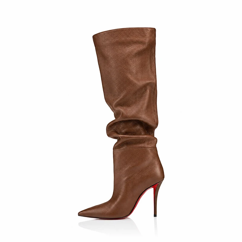 Women's shoes 2026 Grainy PU Knee High Boots Pointed Toe Stiletto Heel Slouchy Mid-Calf Tall Boots Red Soles Evening Fall Winter - view 5