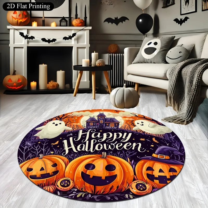 Happy Halloween Ghost Pumpkin Round Rug, Haunted House Bat Moon Printed Circular Floor Carpet, Spooky Indoor Holiday Decor