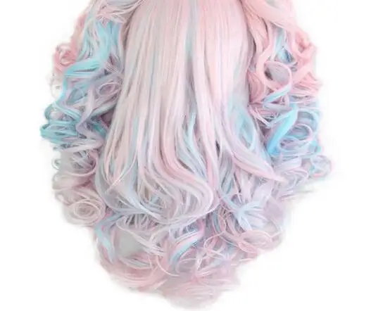 Women 70cm Long Blue Mixed Pink Wavy Braided 2 Ponytails Synthetic Party Cosplay Wig 30 Colors Available