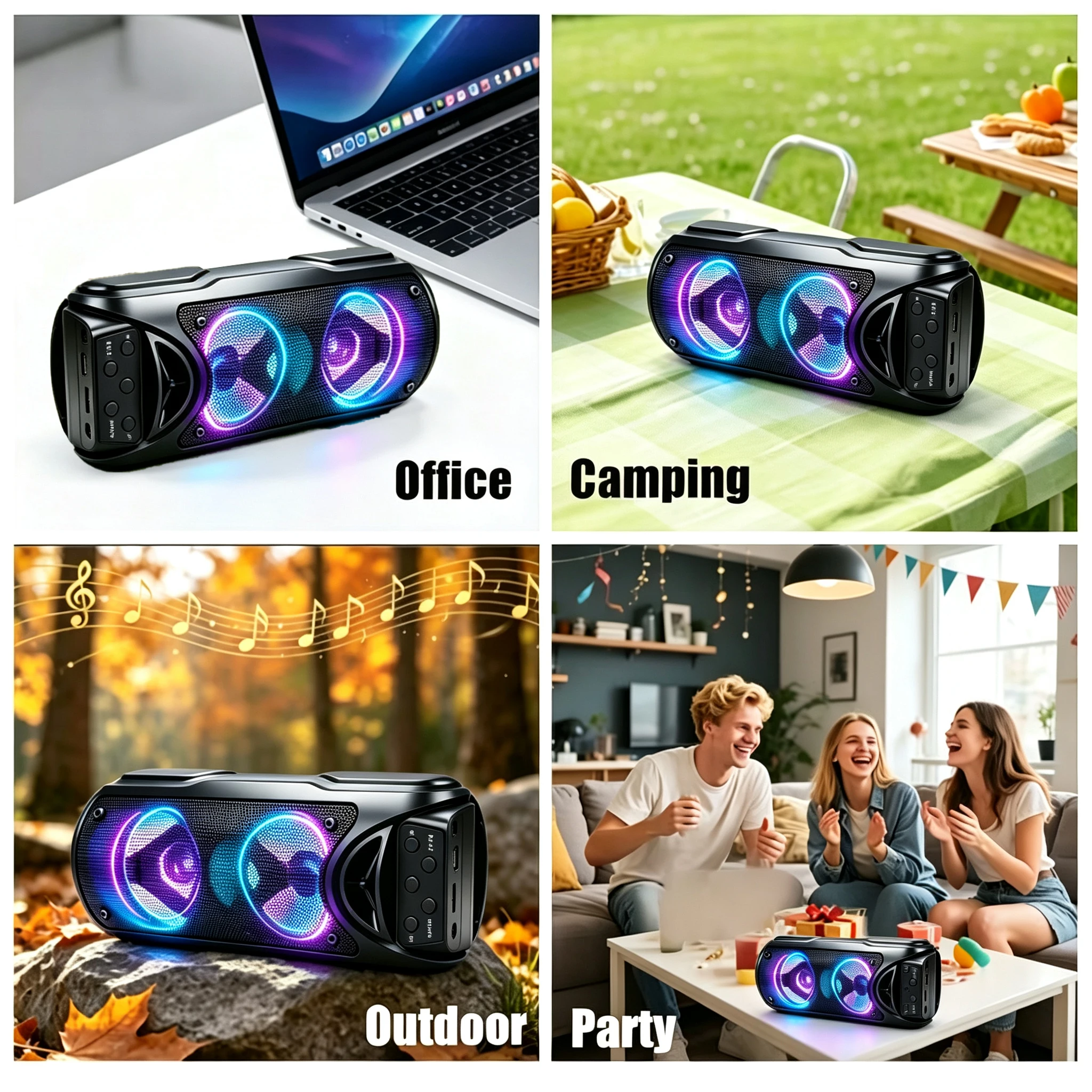 Portable wireless Bluetooth speaker with  multi-mode colorful lights. Supports TF card, USB Type-C port and FM radio. Suitable for parties, outdoor camping, square dancing and other occasions. A lovely gift.
