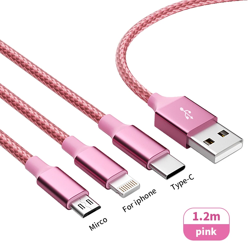 3 w 1 różowy kabel USB do szybkiego ładowania typu C Usb Micro dla Iphone Samsung Huawei Xiaomi Multi Port przewód do ładowania