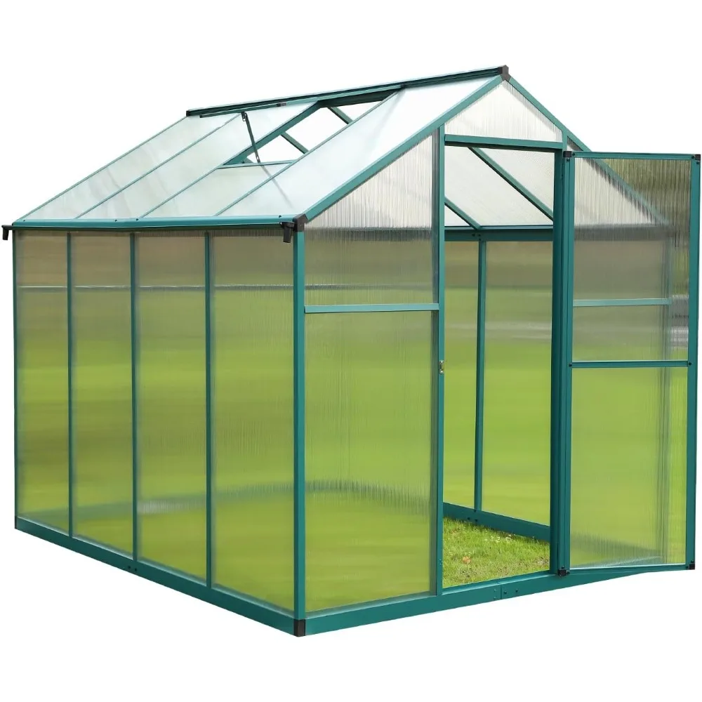 

6'x 8' Aluminum Greenhouse for Outdoors, Polycarbonate Greenhouse with Adjustable Roof Vent and Rain Gutter, Walk-in Green House