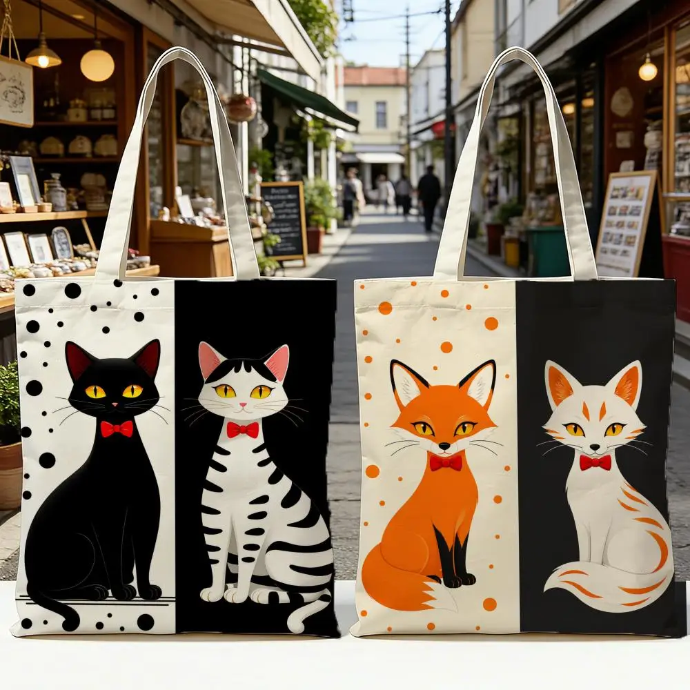 Fashion Black White Cat Storage Bags Aesthetic Floral Canvas Tote Bag: Large Reversible Everyday Shoulder Purse