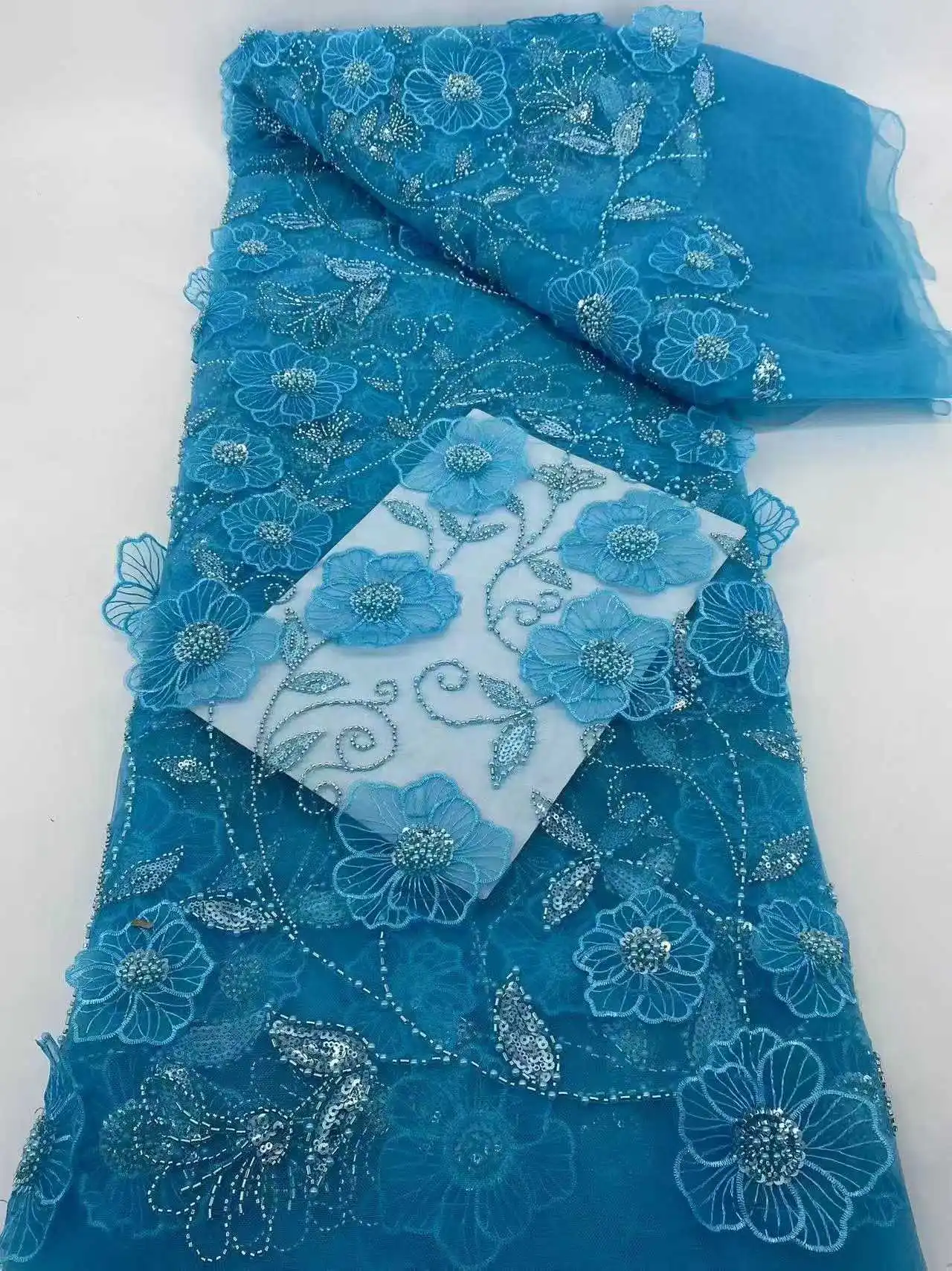 

Роскошная 3D-ткань с цветами, французское кружево ручной вышивки бисером 2026, 5 ярдов, африканское нигерийское кружево с пайетками для свадебных и праздничных платьев