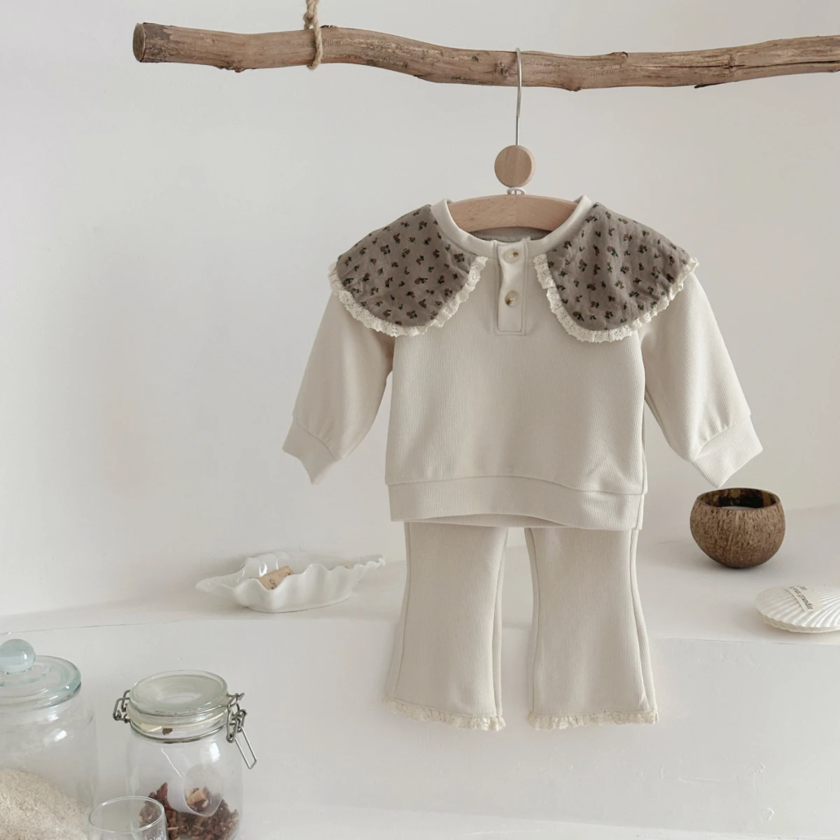 Korean Style Spring Autumn New Baby Boy Girl Clothes Kids Floral Collar Lace Long Sleeved Set Trousers Infant Fashionable Suit