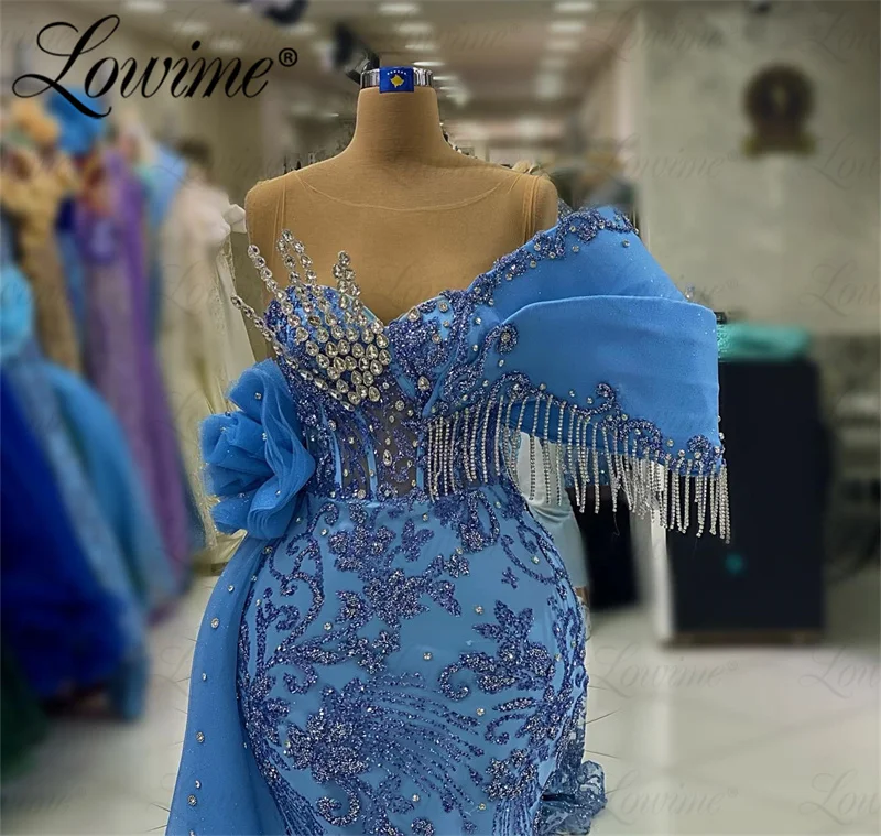 Blue Long Wedding Party Dress With Side Train Mermaid Tassel Beaded Crystals Elegant Evening Gowns Arabic Celebrity Prom Dresses