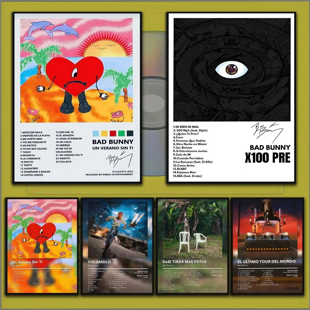 Bad B-Bunny Rapper Album Poster Home Living Bed Room Bar Hallway Sticky Wall Printing Waterproof Aesthetic Decor
