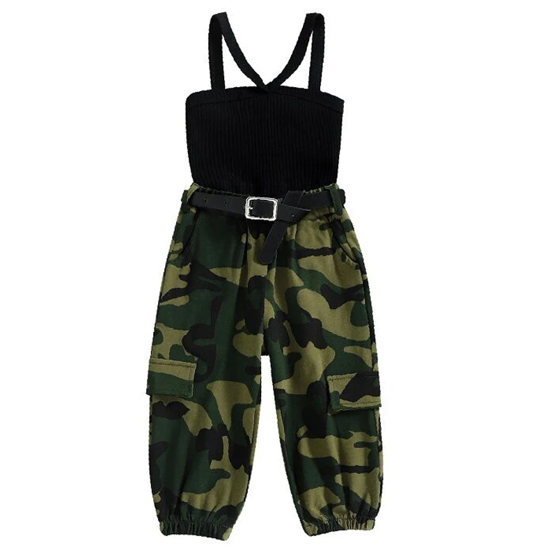 

New baby girl clothes summer girls knitted suspenders sexy tops camouflage leggings trousers suits baby casual sports suits