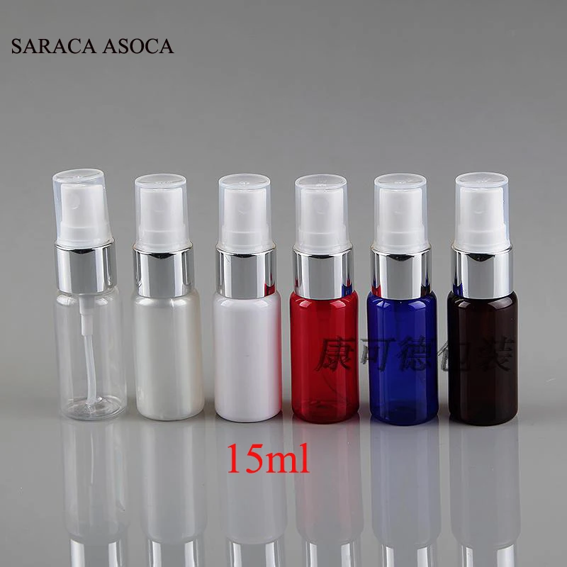 

Wholesale PET 100pcs/lot 15ml Empty Perfume Spray Plastic Bottle Aluminum Cover Clear Makeup Refillable Bottles Atomizer