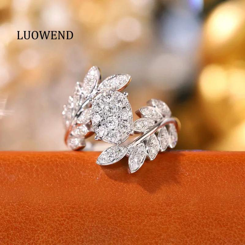 LUOWEND 100% 18K White Gold Rings Luxury Elegant Design 0.75carat Real Natural Diamond Engagement Ring for Women Fine Jewelry