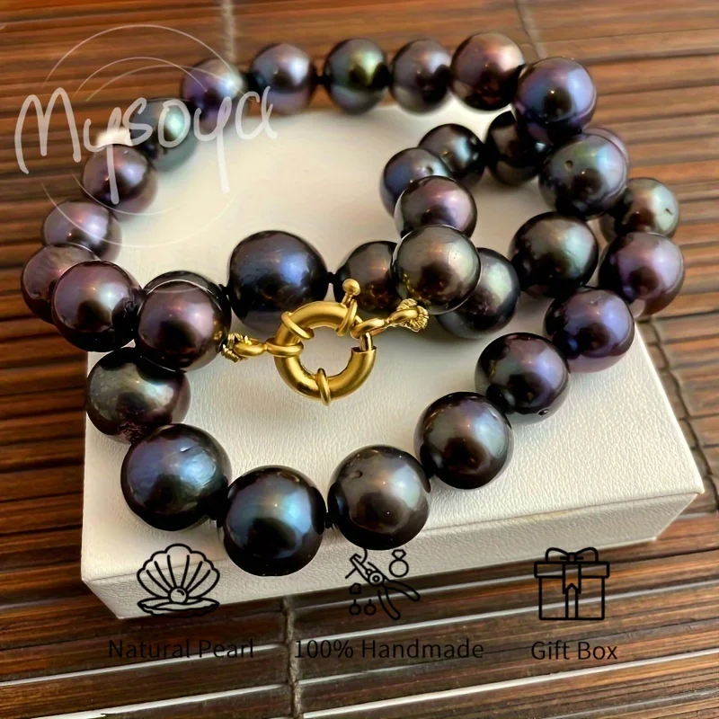 

MYSOYA 10-13mm Black Freshwater Pearl Necklace Natural Pearls With Gift Box Perfect For Wedding Birthday Christmas New Year