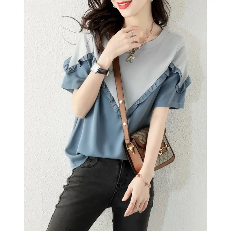 Fashion O-Neck Spliced Side of Fungus Oversized Blouse 2022 Summer New Casual Pullovers Loose Commute Female Clothing Shirt