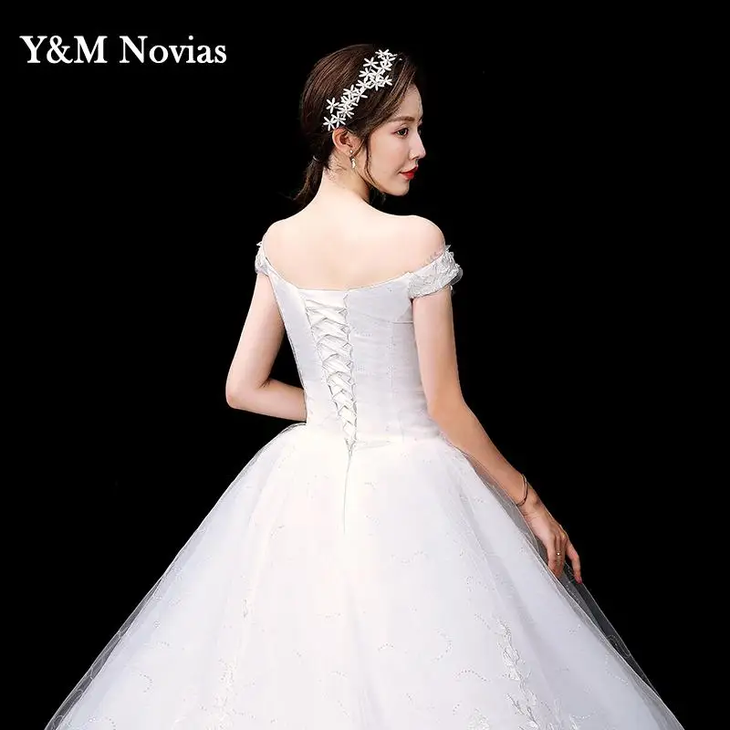 Korean Simple Sexy Boat Neck Off the Shoulder Wedding Dresses Fashion Princess Lace Appliques Bridal Dress Gown Vestido De Noiva