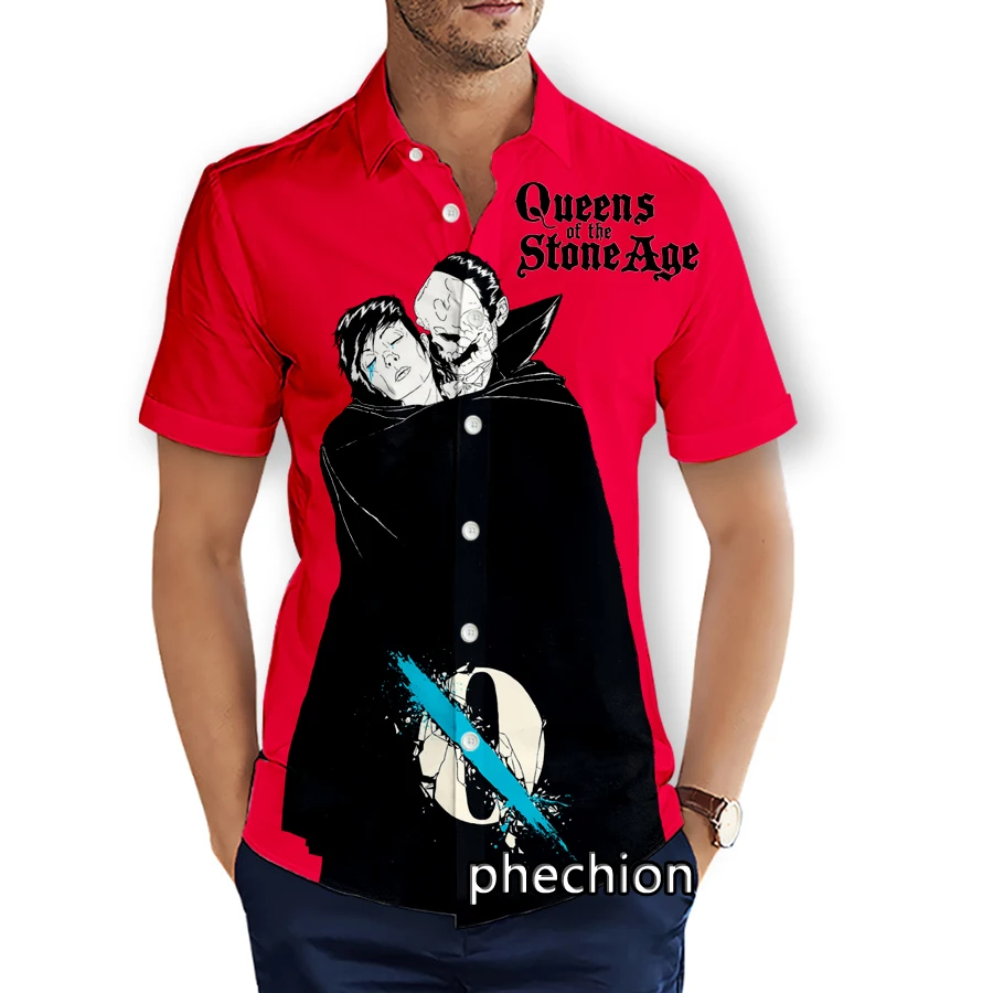 phechion Mens Short Sleeve Beach Shirts Queens of the Stone Age 3D Print Casual Shirts Fashion Streetwear Men Tops X260