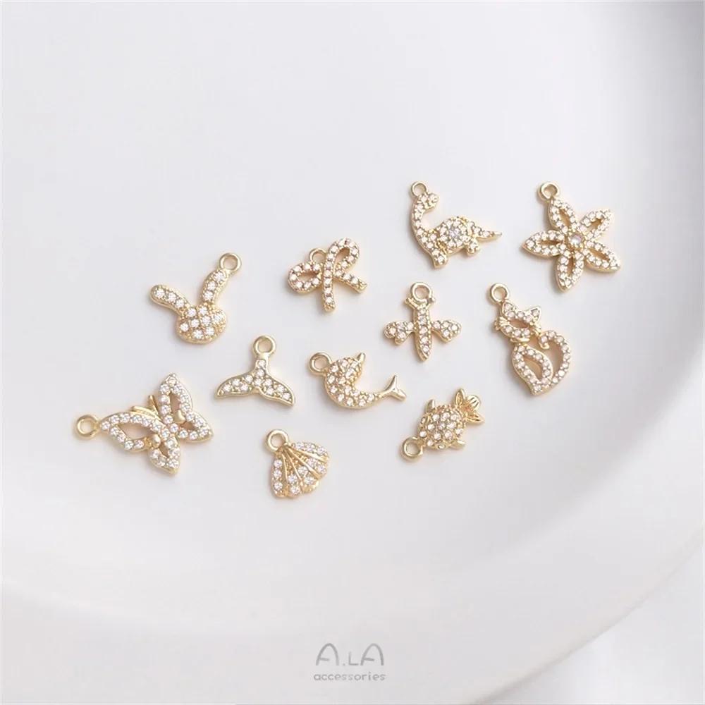 14K gold micro-set zirconia small charm series sea creatures fish tail bee butterfly cat diy pendant