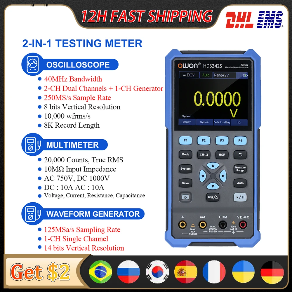 OWON HDS242S 242 Handheld Digital Oscilloscope 250MS/s 8 Bits 40MHz Bandwidth 2CH+1CH Generator True-RMS Multimeter Osciloscopio