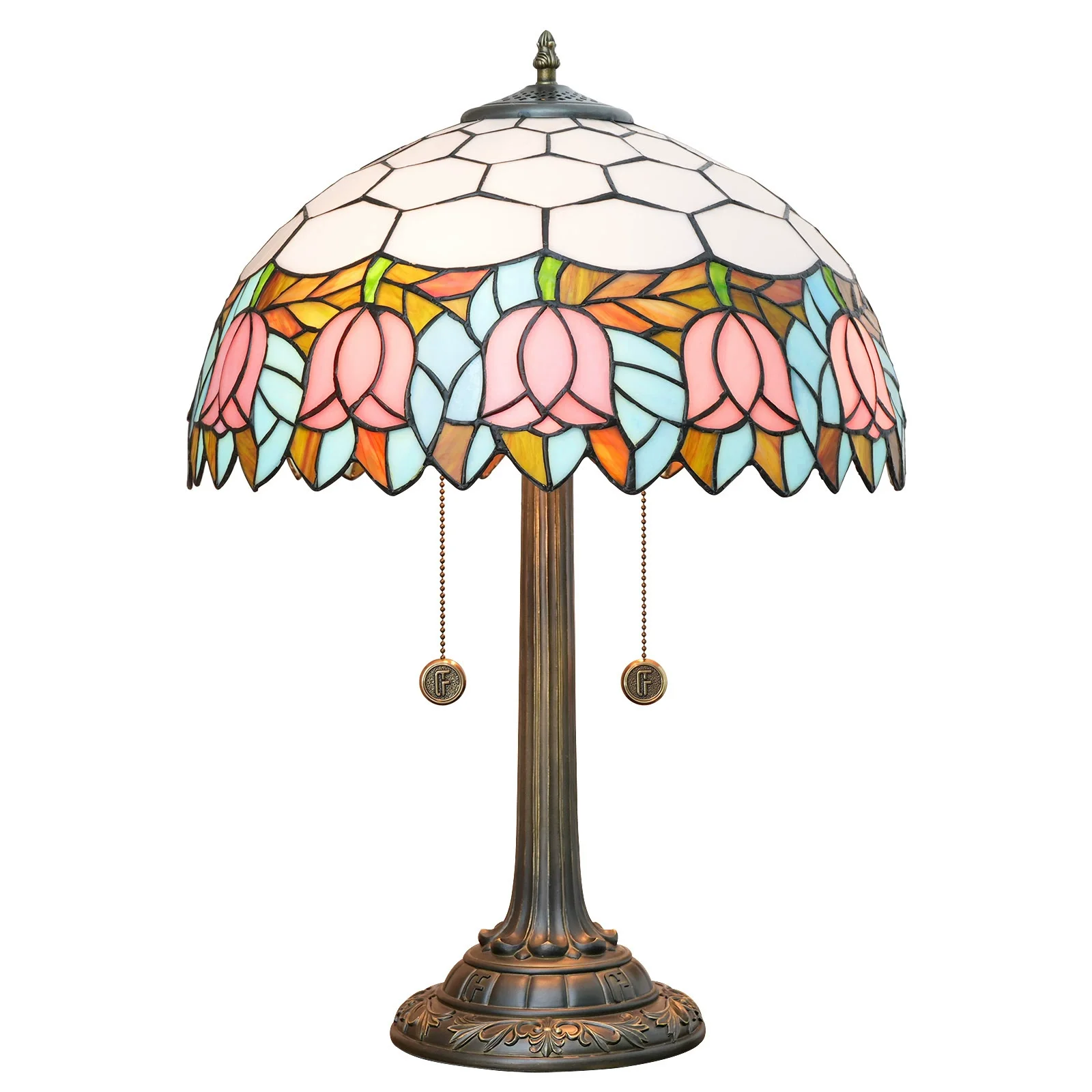 16 Inch Tiffany Style 40cm Tulip Lampshade Decor Resin Base Table Lamp for Bedroom Reading Living Room Home Sofa Desk Light