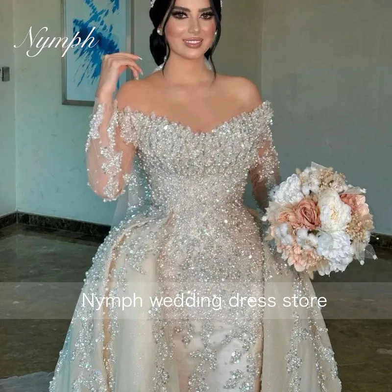 Customized Off The Shoulder Wedding Dress Heavy Appliques Pearls Bridal Dress Detachable Train Illusion Full Sleeves Bridal Gown