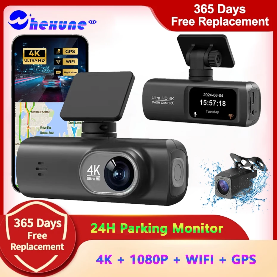 UHD 4K Dash Cam Dual Lens Driving Recorder Car DVR 1080P Rear Lens Camera Built-In WiFi GPS 24-Hour Parking Monitoring Black Box