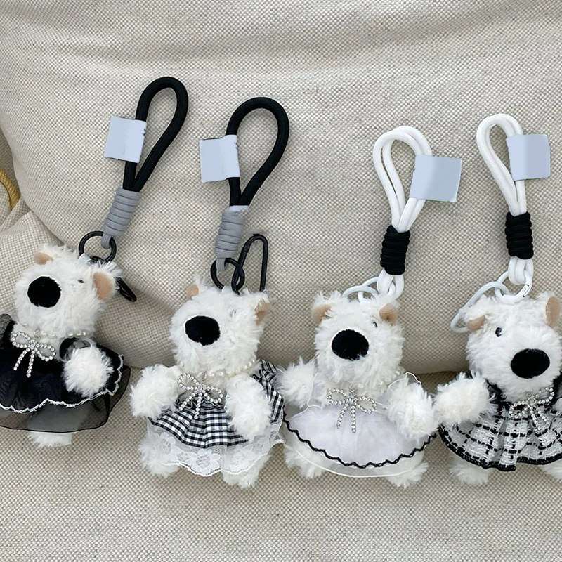 Lindo juguete de peluche de cachorro de falda dulce, muñeco de peluche de dibujos animados, llavero de perro pequeño de peluche Kawaii, llavero de mosquetón, decoración colgante de mochila