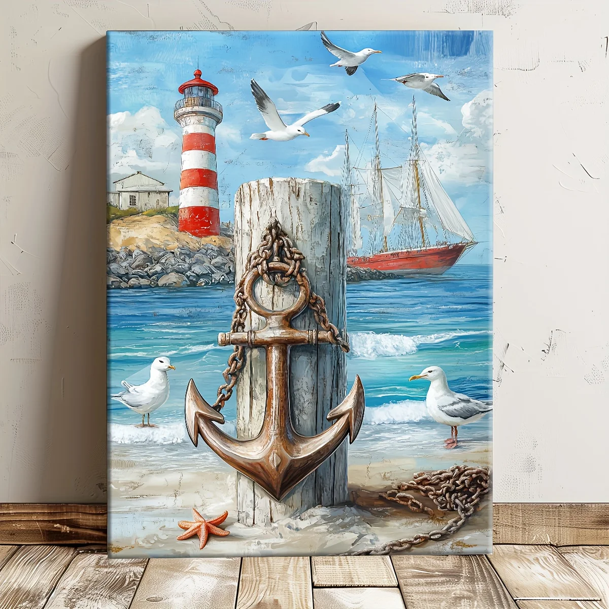 (No frame)2D Flat, 2D Flat, 1pc Canvas Wall Art, Single Wooden Frame Ocean Lighthouse Anchor Coast Canvas Painting Poster Wal