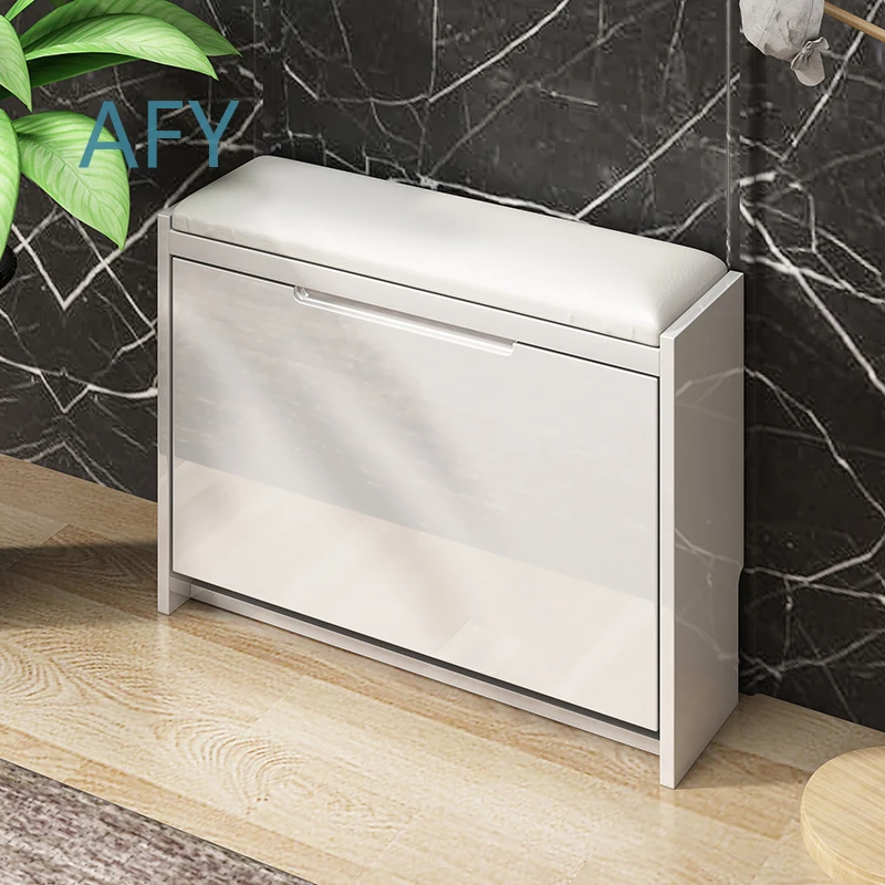 Slim-Profile Entryway Shoe Organizer for Small Spaces Wall-Hugging Flip-Down Storage Cabinet Space-Saving Bench with Handrail