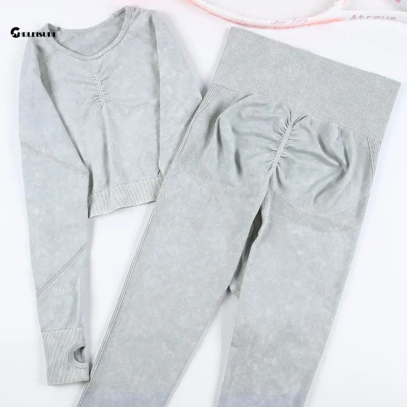 CHRLEISURE 2PCS Wash Yoga Suit Seamless Workout Outfit Sports Top with Butt Lifting Gym Ruched Tights Elastic Activewear